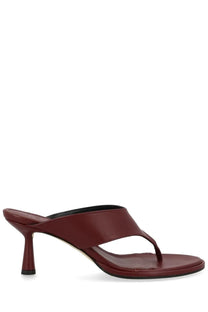 Aeyde women’s thong sandal in burgundy leather with a slender heel perfect for stylish warm weather wear