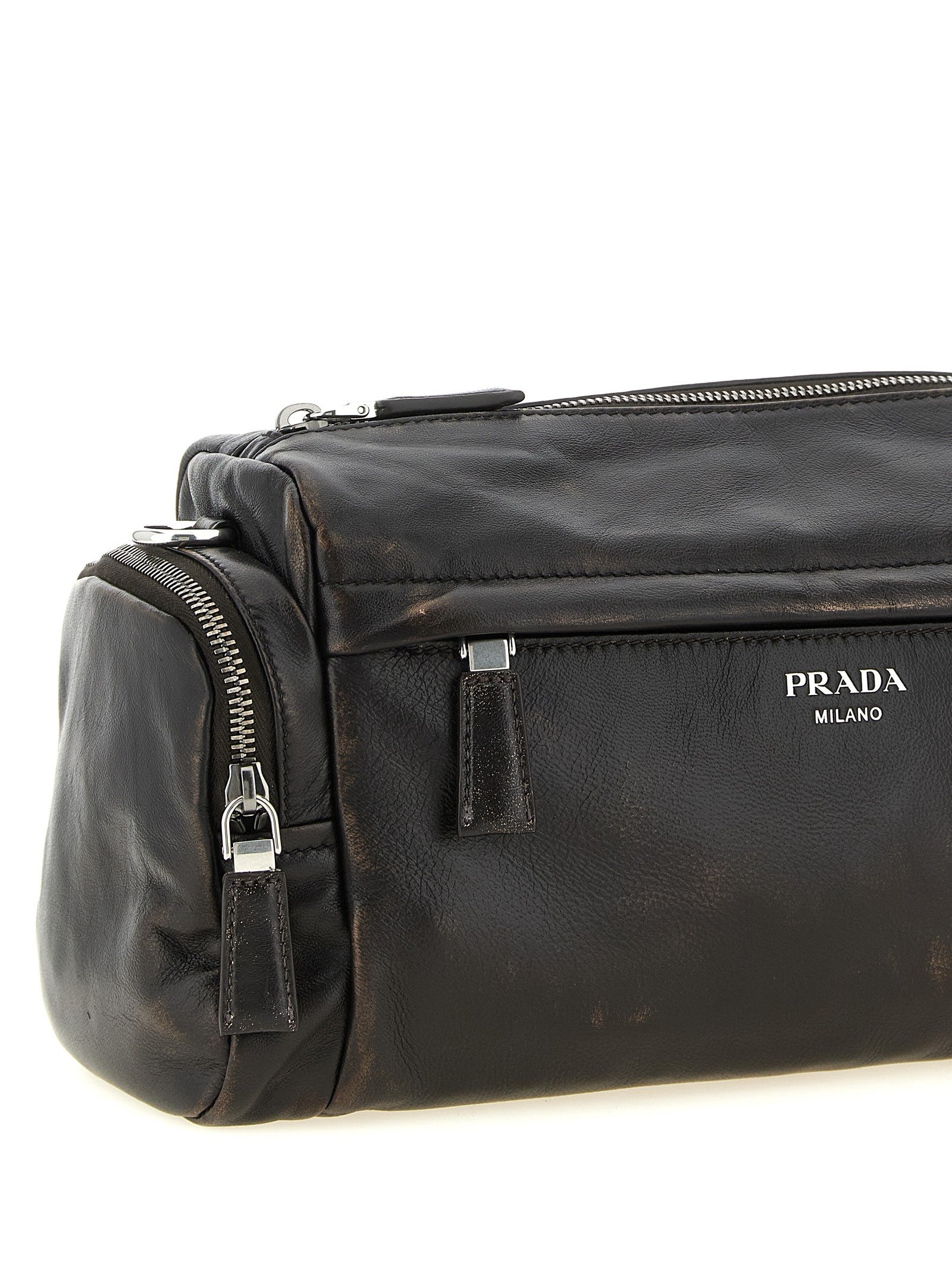 PRADA Aged Effect Nappa Leather Crossbody Bag Brown