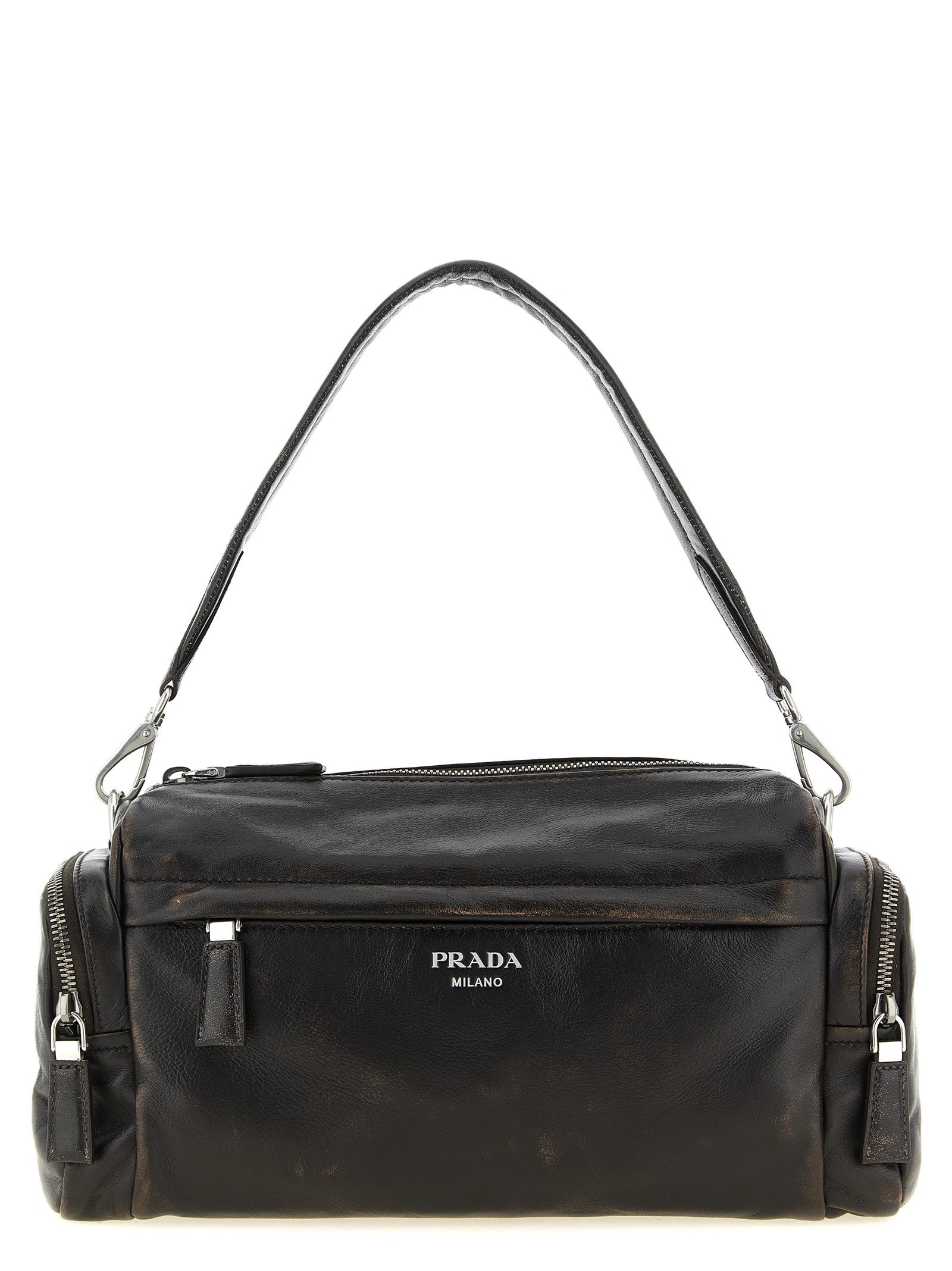 PRADA Aged Effect Nappa Leather Crossbody Bag Brown