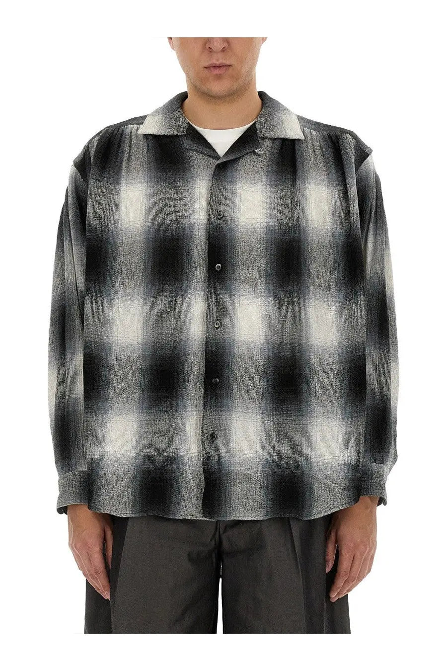 Aïe men’s white cotton shirt with black and white plaid pattern and slightly textured fabric button-up design