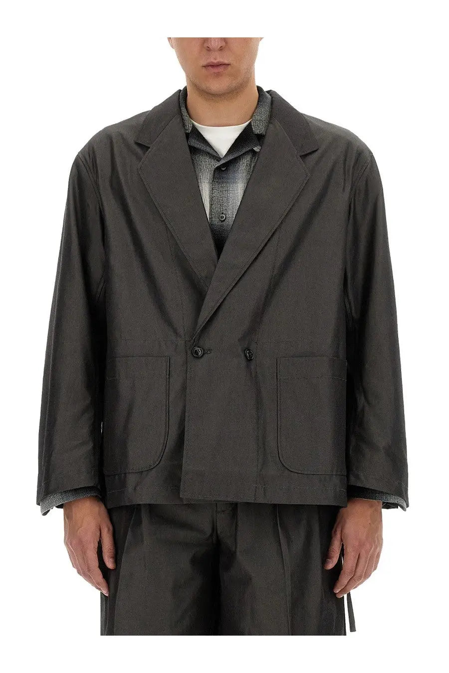 Dark gray double-breasted aïe men’s oversize jacket with sleek modern cut and subtle texture