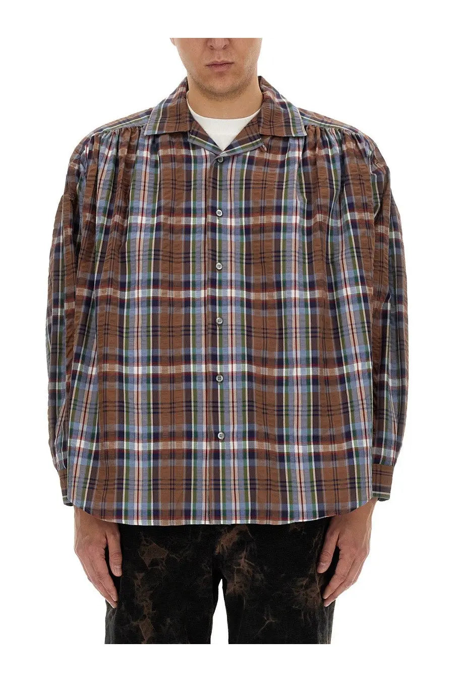 AïE mens seersucker cotton shirt blue brown plaid relaxed fit front