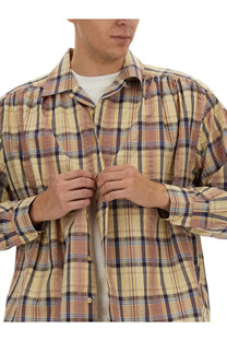 Aïe men’s seersucker cotton shirt yellow featuring a relaxed fit beige brown and navy plaid button-up design