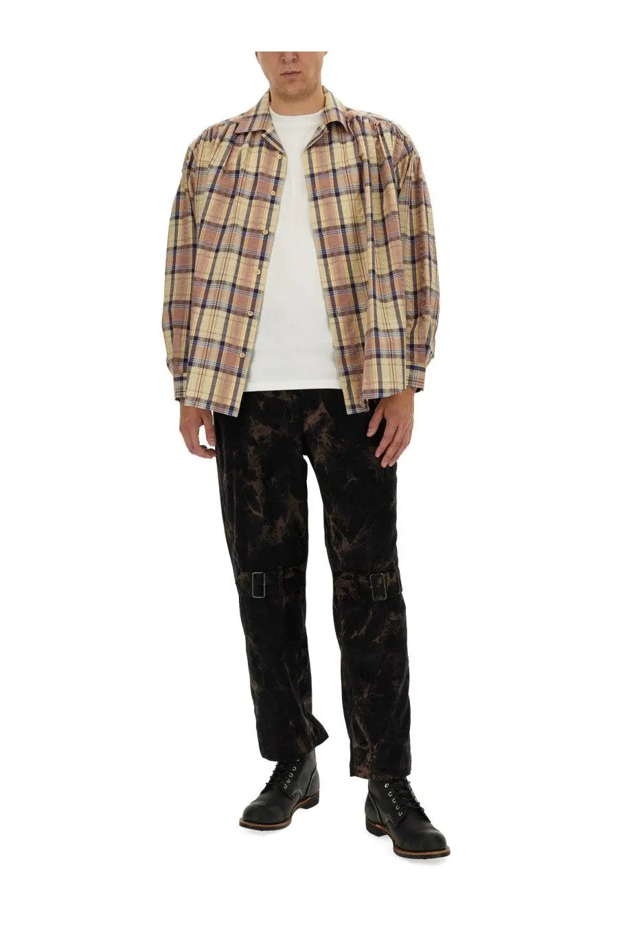 AïE men’s seersucker cotton shirt in yellow featuring a beige brown and navy plaid relaxed fit button-up design