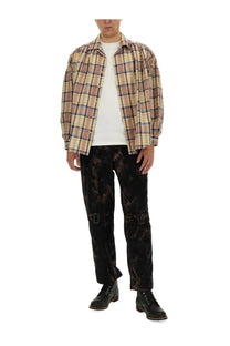AïE men’s seersucker cotton shirt in yellow featuring a beige brown and navy plaid relaxed fit button-up design