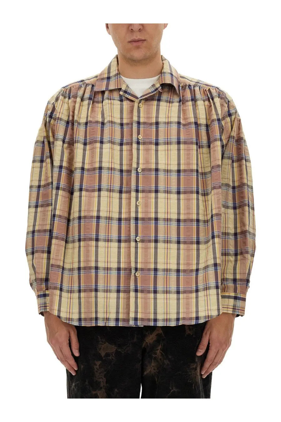 Aïe men’s yellow seersucker cotton shirt with a beige brown and navy plaid relaxed fit button-up design