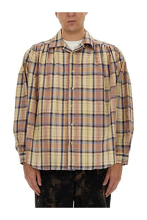 Aïe men’s yellow seersucker cotton shirt with a beige brown and navy plaid relaxed fit button-up design