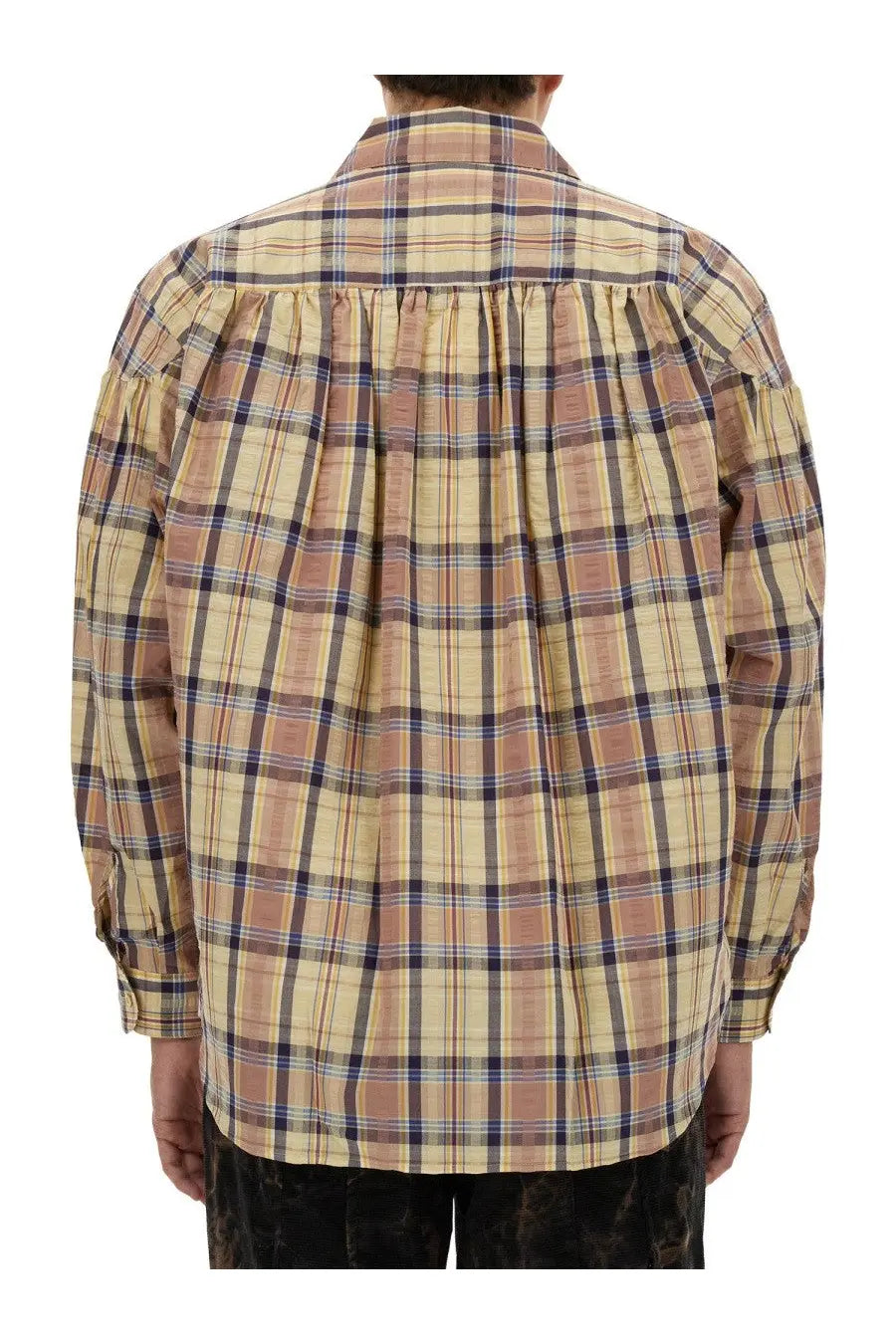 Aïe men’s seersucker cotton shirt yellow showing the back with a beige and brown plaid long-sleeved gathered design