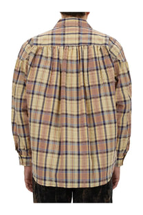 Aïe men’s seersucker cotton shirt yellow showing the back with a beige and brown plaid long-sleeved gathered design