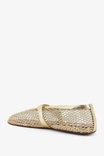 Alaïa women’s ballet flats in gold with glitter mesh upper leather details and thin strap across the instep