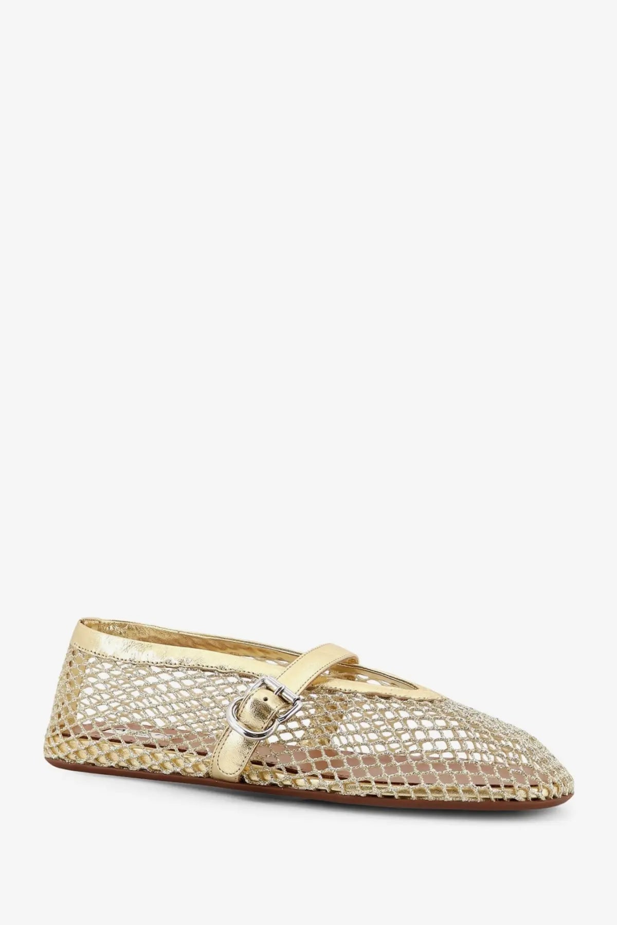 Alaïa women’s gold glitter mesh ballet flats with metallic strap and buckle in platine leather