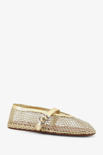 Alaïa women’s gold glitter mesh ballet flats with metallic strap and buckle in platine leather