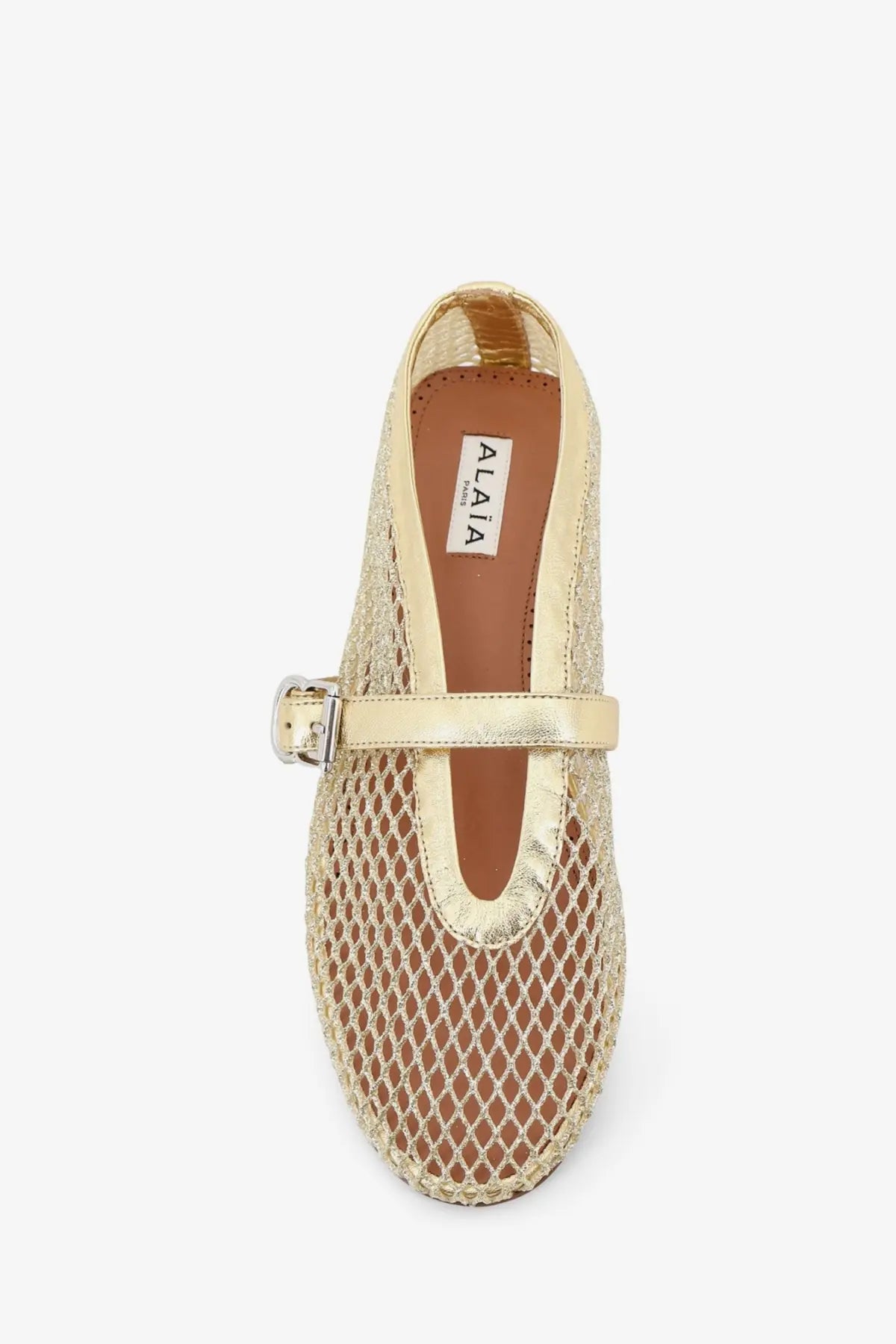 Alaïa women’s gold mesh mary jane flat shoe with metallic strap and buckle made of glitter mesh and leather