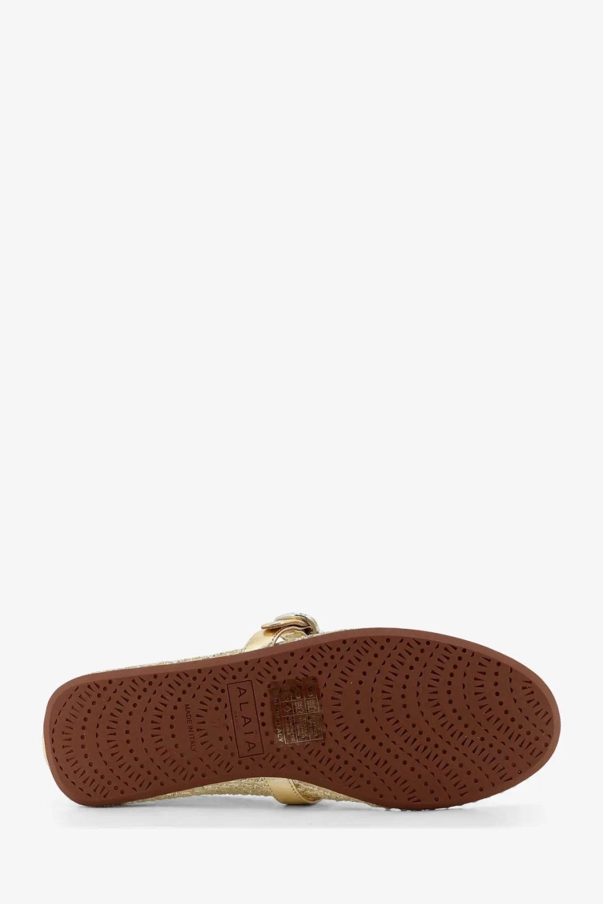 Alaïa women’s gold-toned espadrille sandal with woven upper and brown rubber sole for casual wear