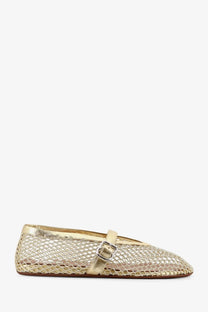 Alaïa women’s ballet flats in gold glitter mesh with metallic buckle and woven espadrille sole