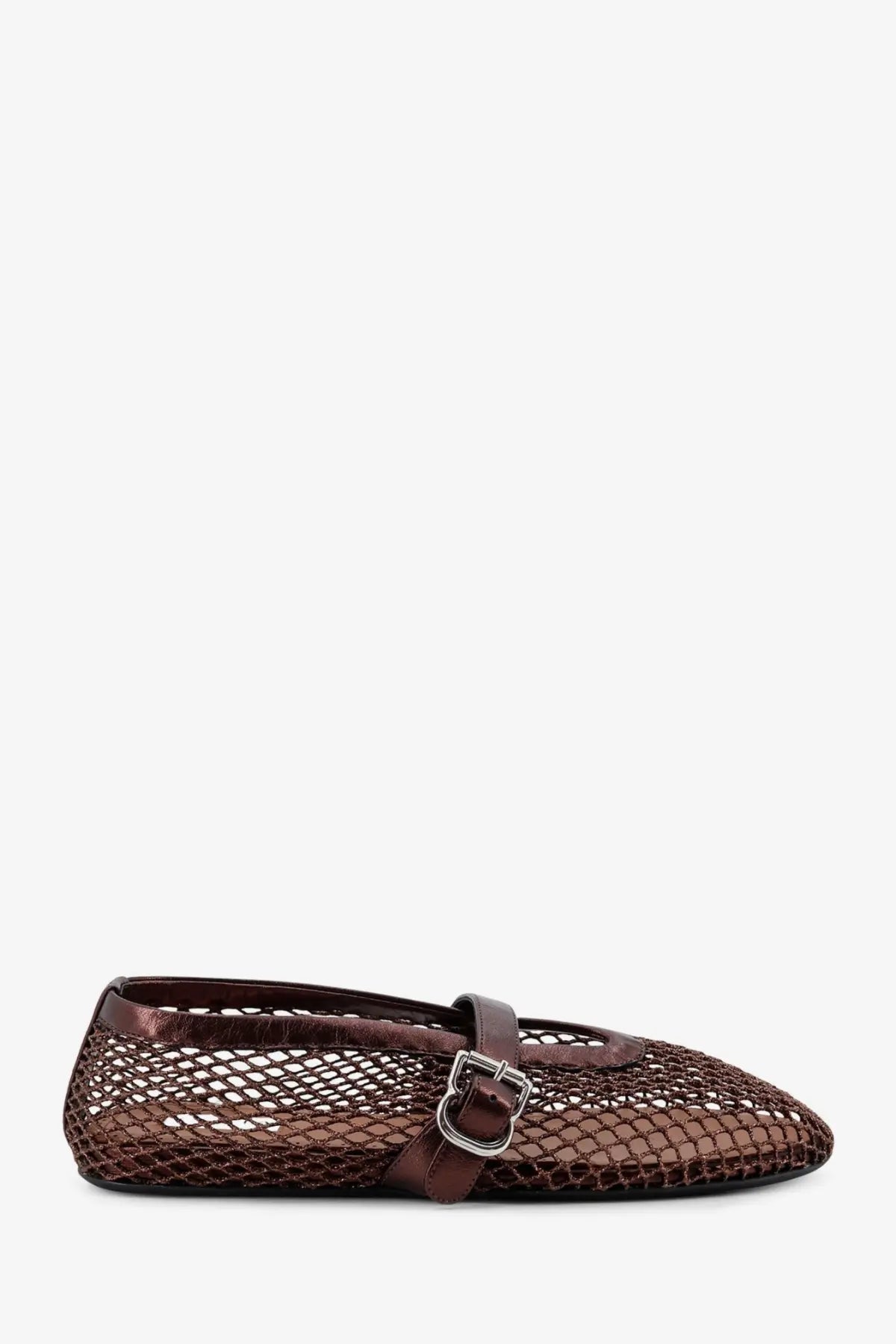Alaïa women’s brown ballet flats in woven mesh and leather with a metallic buckle strap in bronze