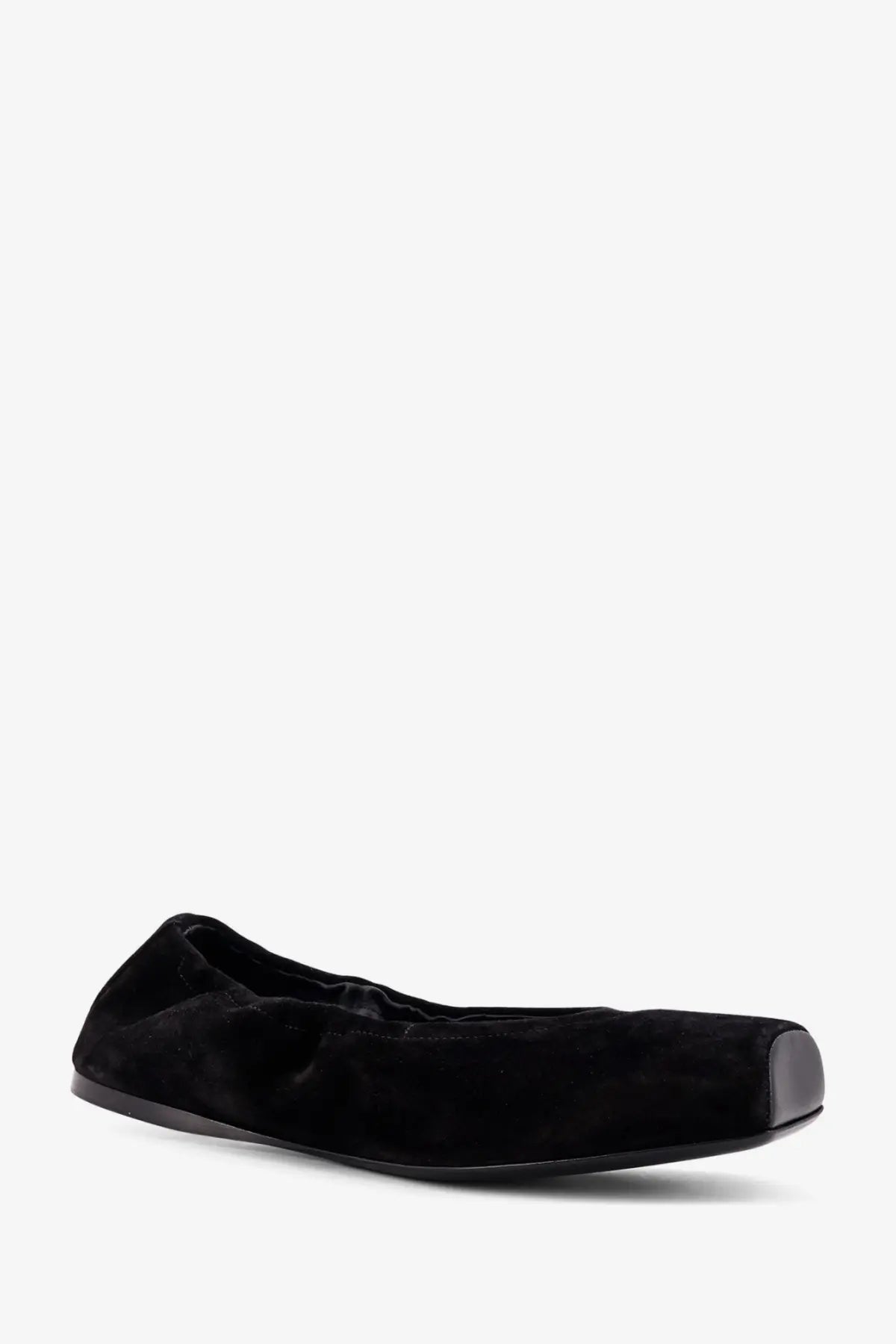 Alaïa women’s ballet flats in black suede with a glossy black toe cap and classic ballerina style