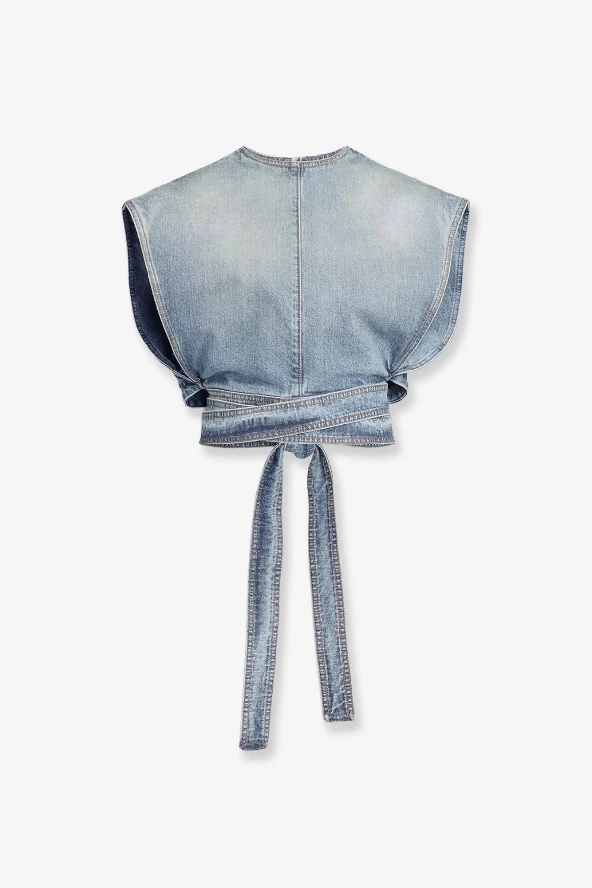 Alaïa women’s light-wash blue denim crop top with wide sleeveless shoulders and a self-tie belt at the waist