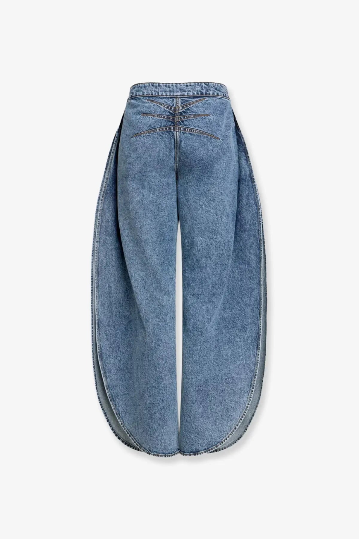 Back of Alaïa women’s blue light-wash denim wide-leg jeans with stitched crisscross detailing on the back design