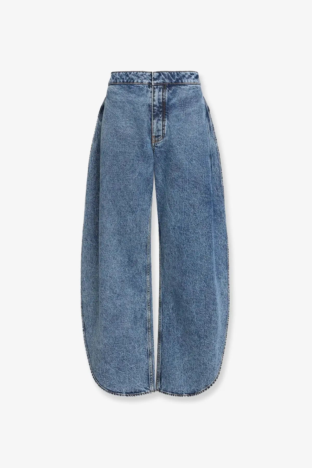 Alaïa women’s blue denim jeans featuring wide-leg, high waist, and straight-cut legs in blue denim material