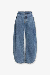 Alaïa women’s blue denim jeans featuring wide-leg, high waist, and straight-cut legs in blue denim material