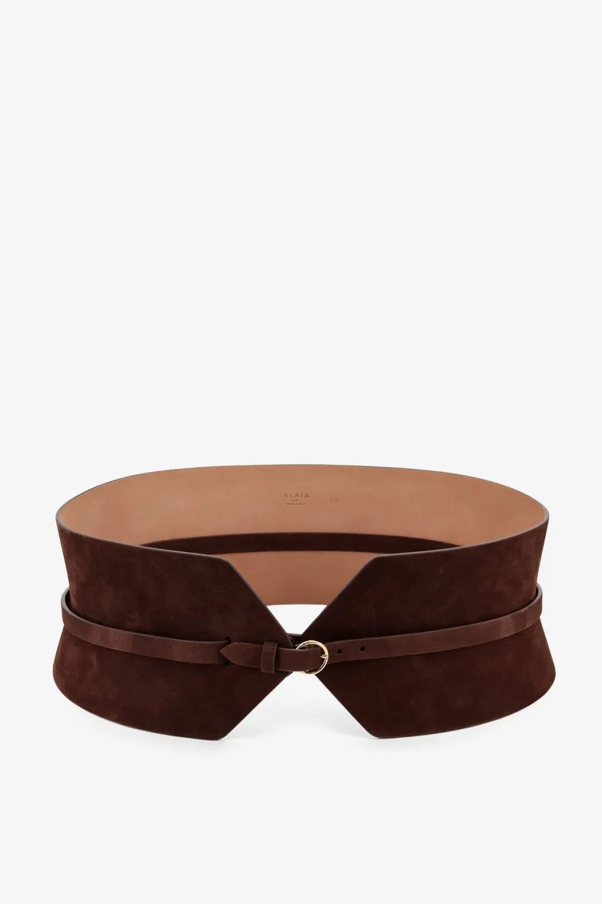 Alaïa women’s bustier brown suede belt with wide v-shaped design and gold-toned buckle strap fastened