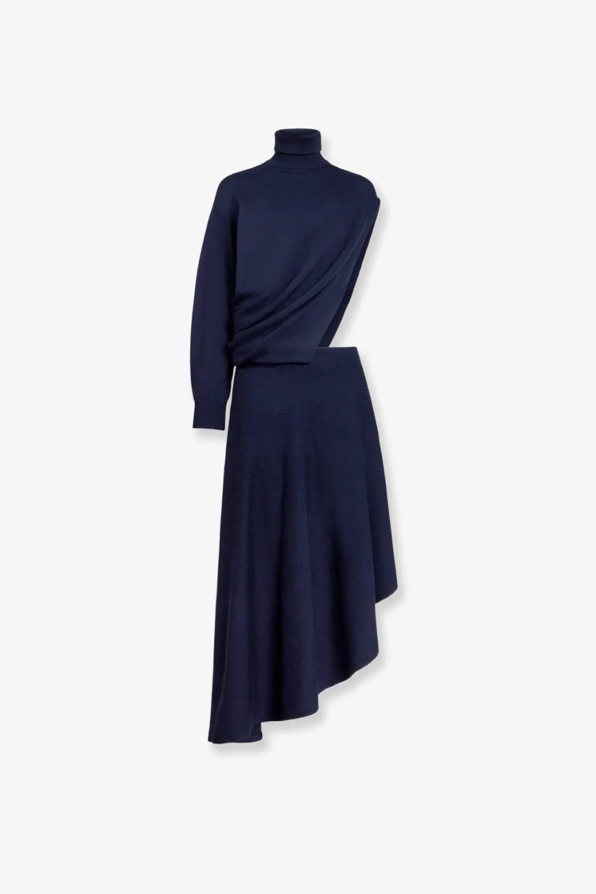Alaïa women’s black virgin wool asymmetrical knit turtleneck dress with draped fabric and flowing skirt
