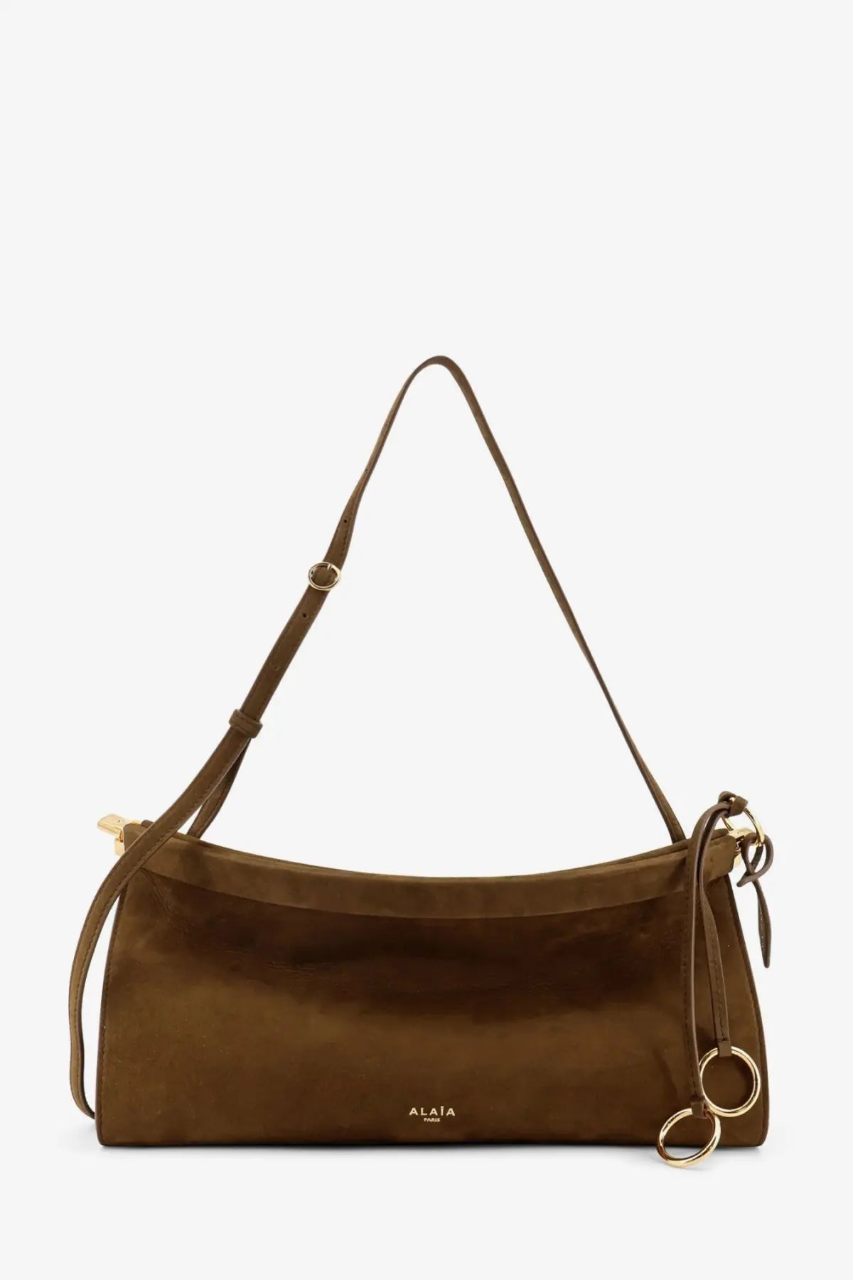 Alaïa women’s green leather shoulder bag with brown suede front gold-tone hardware and double-ring charm