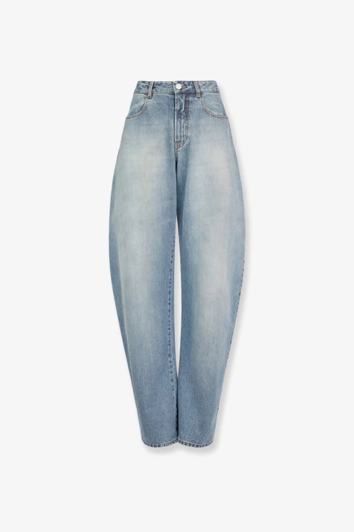 ALAÏA women’s faded blue high-rise wide-leg light-wash denim jeans with classic five-pocket design