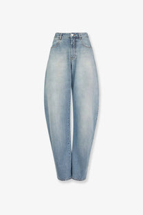 Alaïa women’s faded blue light-wash denim jeans with high-rise wide-leg cut and classic five-pocket design