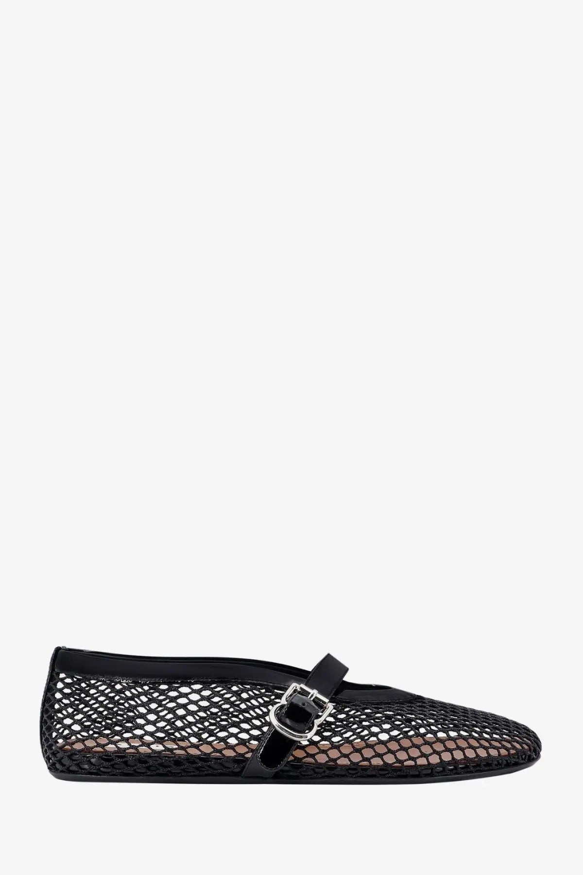 Alaïa women’s black fishnet ballerinas flat shoe with black strap and silver buckle detail