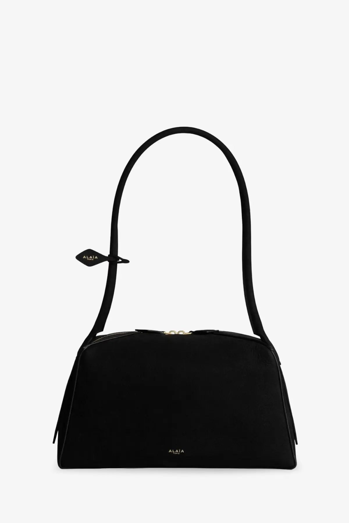 Black Alaïa women’s le bouledogue nubuck shoulder bag with sleek minimalist design and curved top handle
