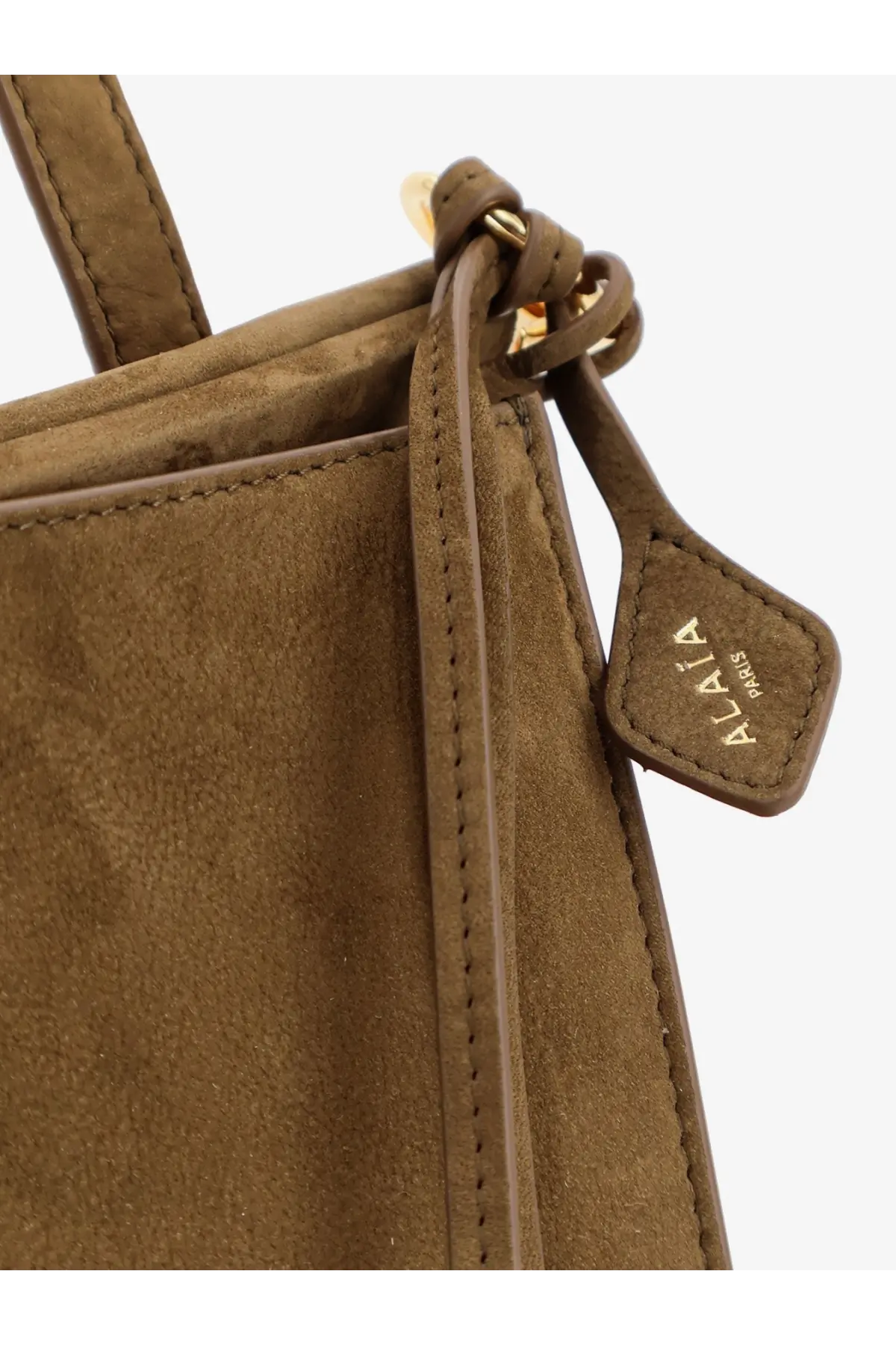 Alaïa women’s le click pocket nabuck shoulder bag green taupe suede tote with gold-tone zipper and alia paris leather tag