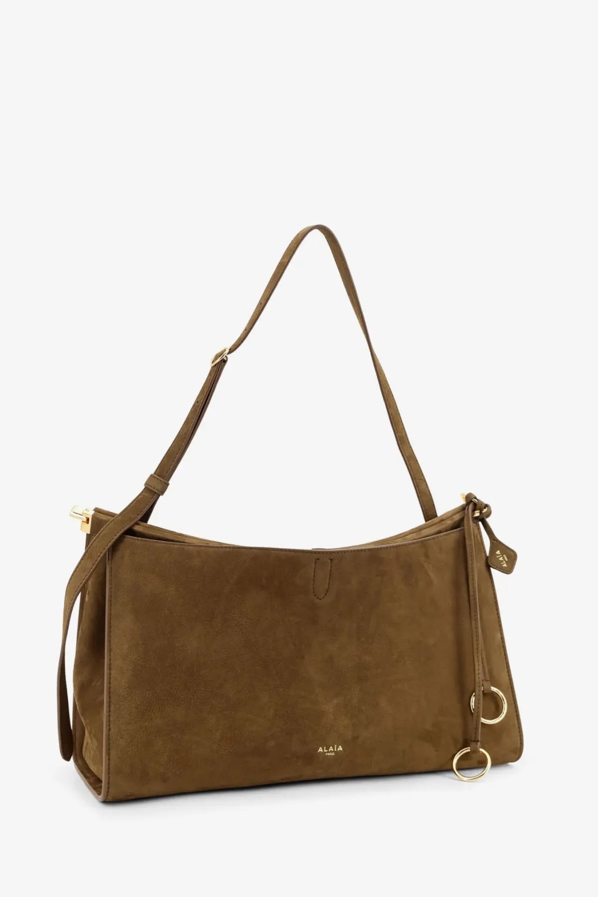 Alaïa women’s le click pocket nabuck shoulder bag in taupe suede with gold-tone hardware and minimalist design