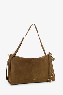 Alaïa women’s le click pocket nabuck shoulder bag in taupe suede with gold-tone hardware and minimalist design