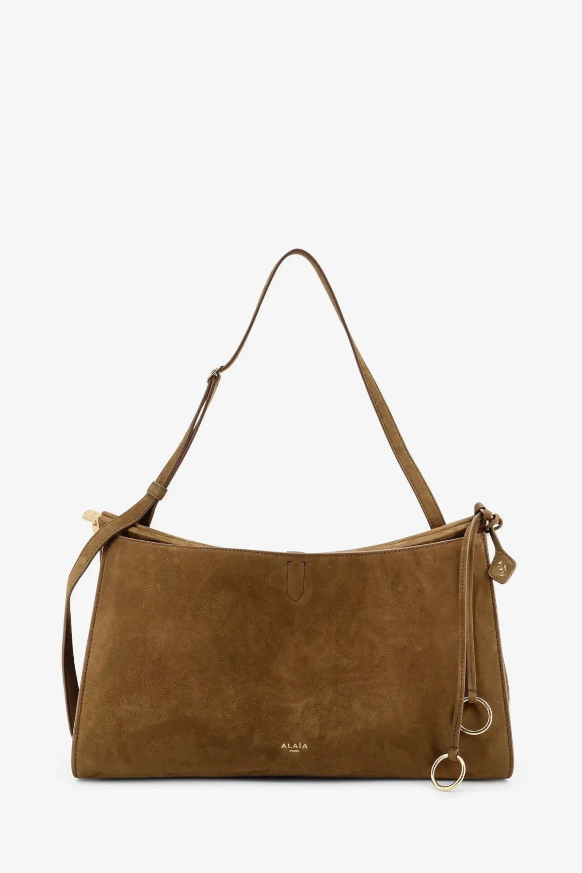 Alaïa women’s le click pocket taupe suede shoulder bag with single strap and gold-tone hardware accents