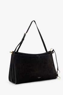 Alaïa women’s le click pocket black suede shoulder bag with gold-tone hardware and detachable strap