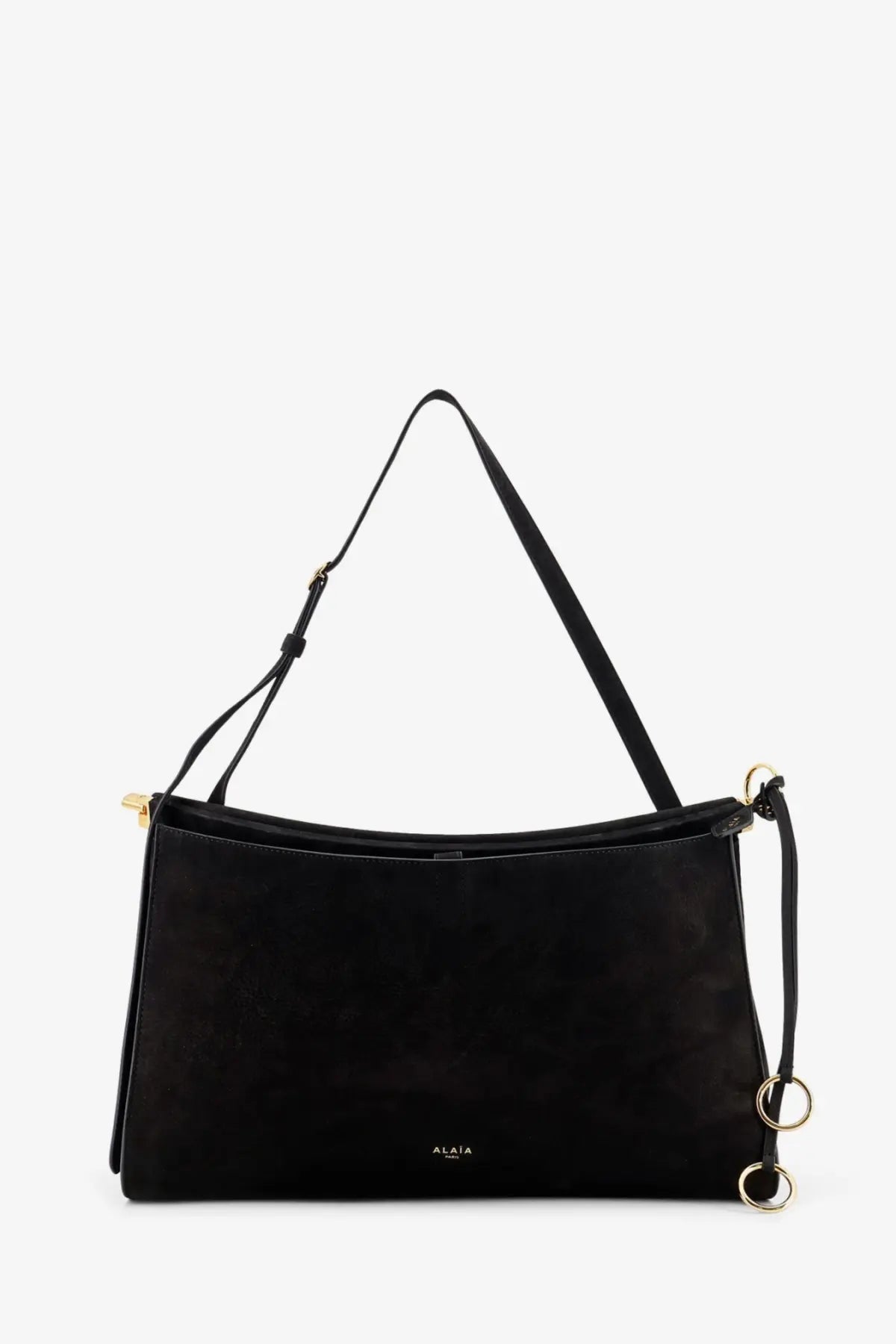 Alaïa women’s le click pocket nabuk shoulder bag in black suede with gold-tone hardware and minimalist design