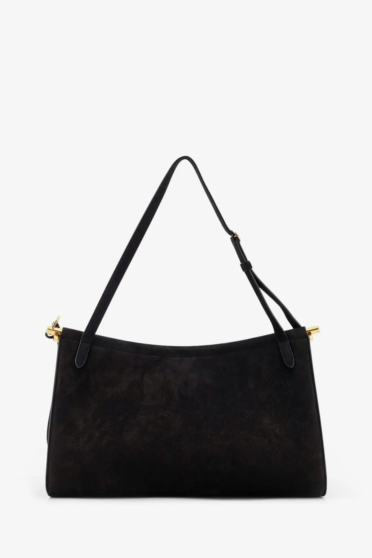 Alaïa women’s le click pocket black suede shoulder bag with gold-tone hardware and adjustable strap