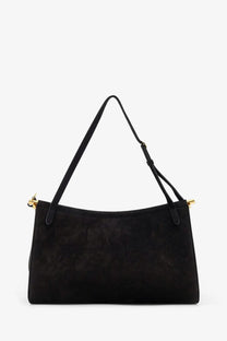 Alaïa women’s le click pocket black suede shoulder bag with gold-tone hardware and adjustable strap