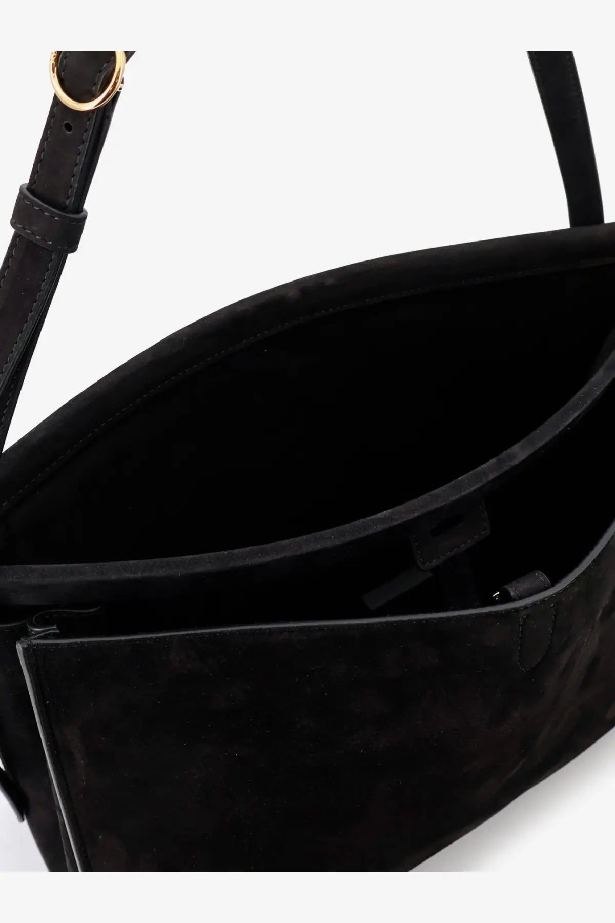 Alaïa women’s le click pocket black suede shoulder bag with gold-tone metal ring on the strap