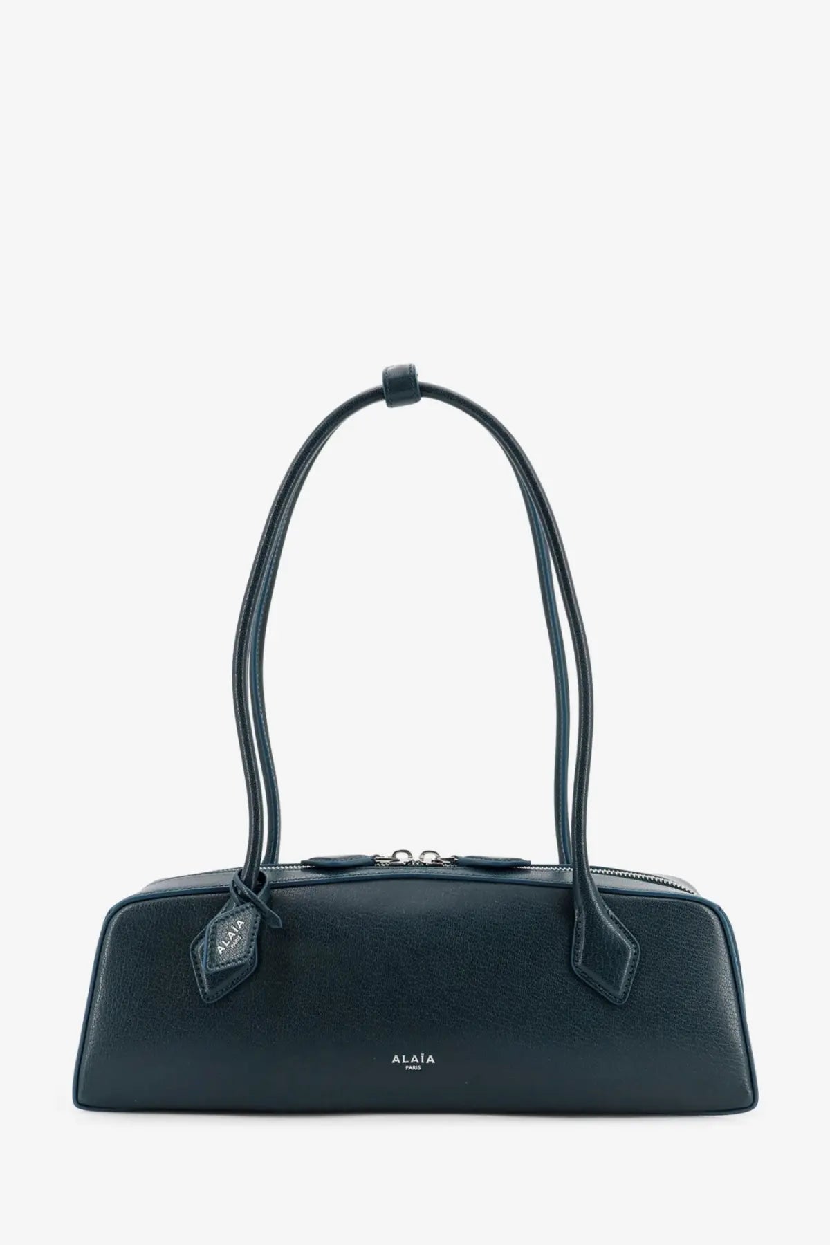 Alaïa women’s le teckel black leather shoulder bag with curved top handles and minimalist design