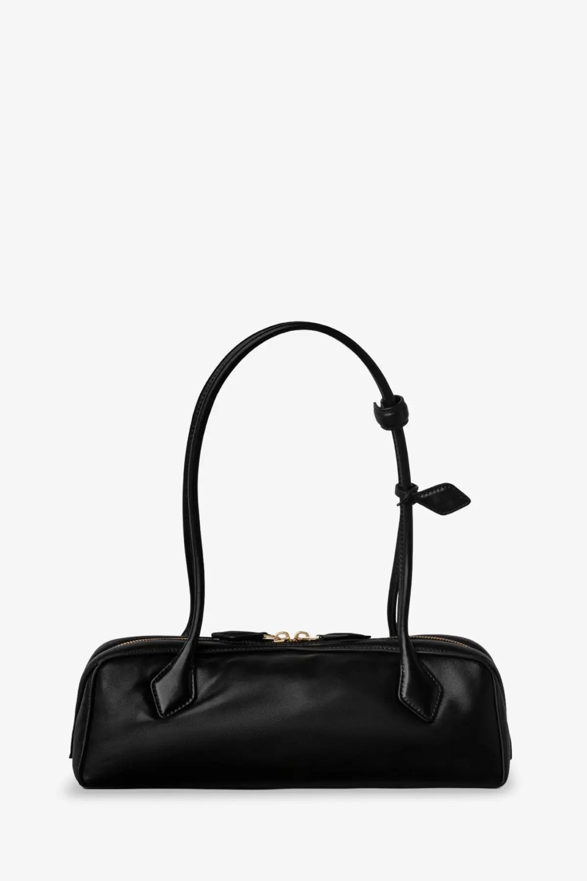 Alaïa women’s le teckel black leather handbag with curved top handles and gold-tone zipper hardware
