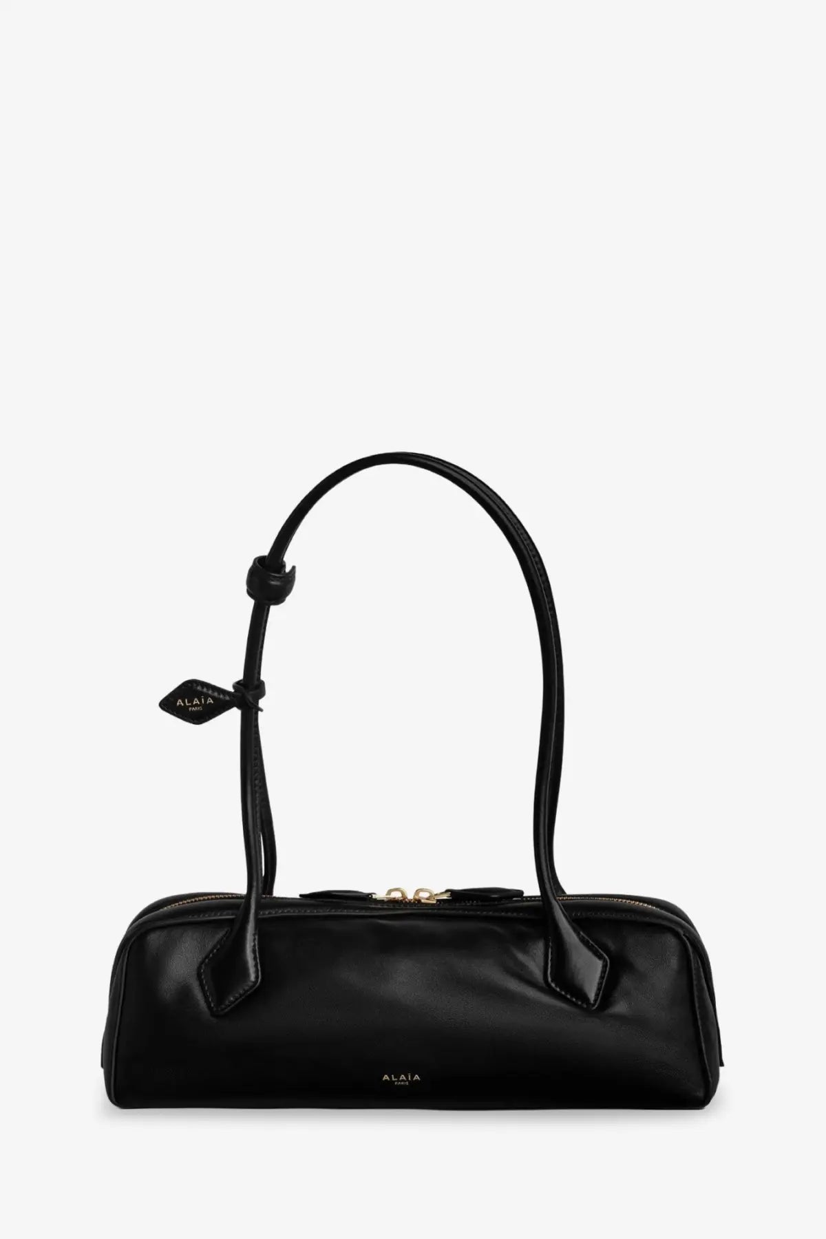 Black alaïa women’s le teckel leather shoulder bag with sleek glossy leather and gold-tone hardware