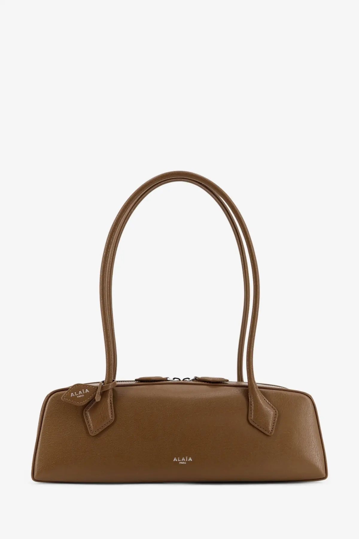 Alaïa women’s le teckel leather shoulder bag in green with sleek curved top handles and minimalist design