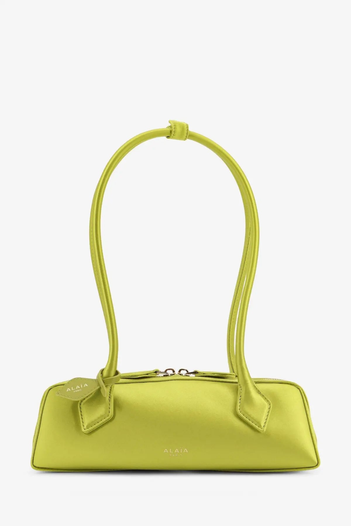 Alaïa women’s le teckel satin shoulder bag green featuring a sleek lime green leather body with minimalist design and curved handles