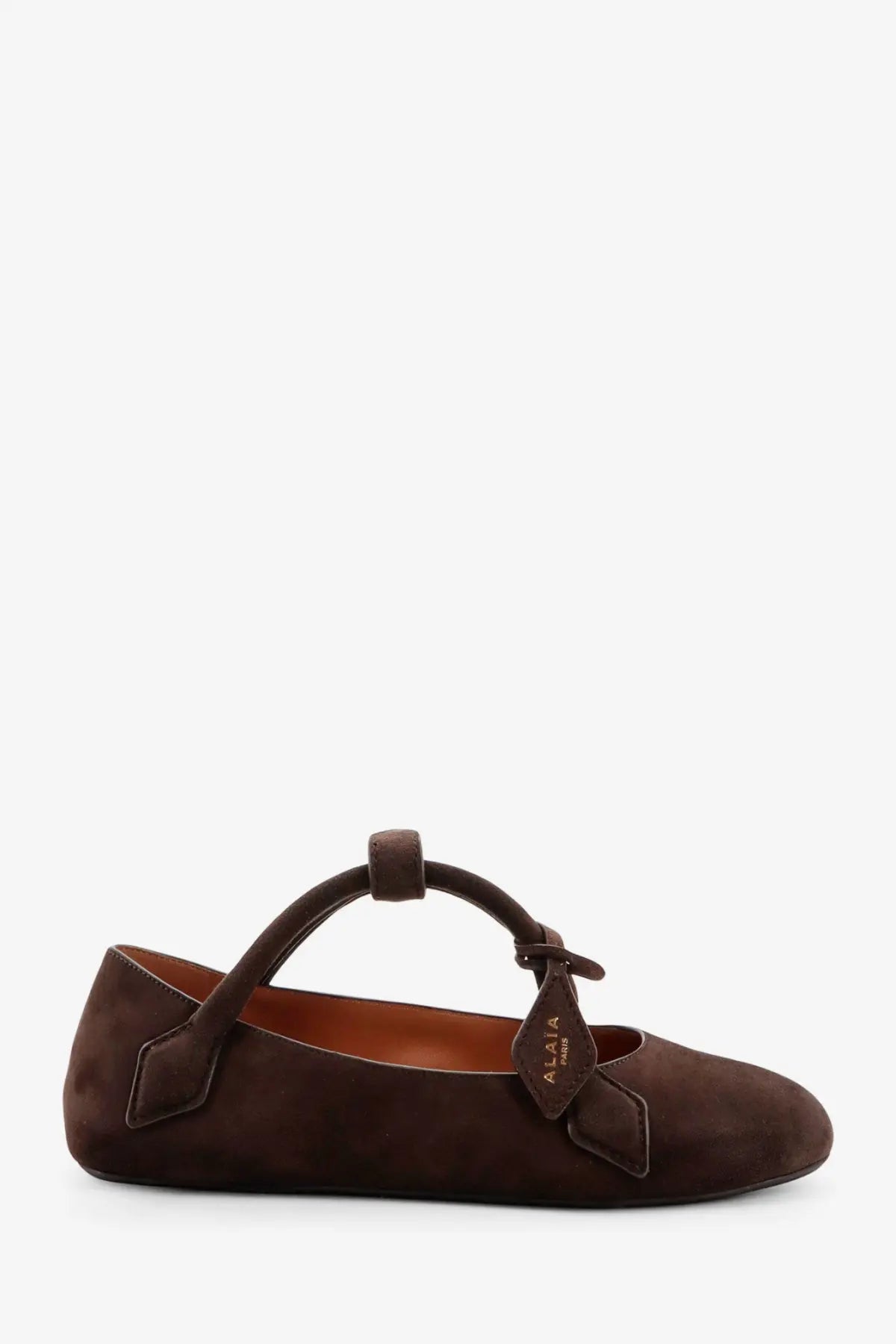 Alaïa women’s le teckel brown suede mary jane flat with tied strap and leather tag