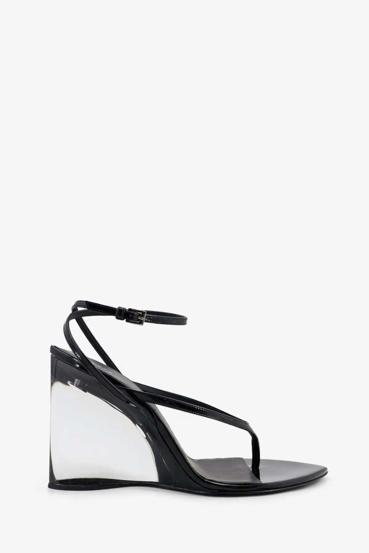 Alaïa women’s black leather wedge sandals with transparent acrylic heel and ankle strap