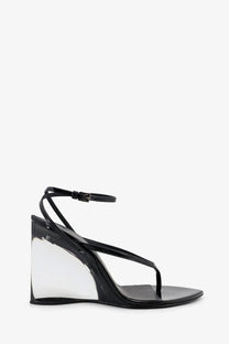 Alaïa women’s black leather wedge sandals with transparent acrylic heel and ankle strap