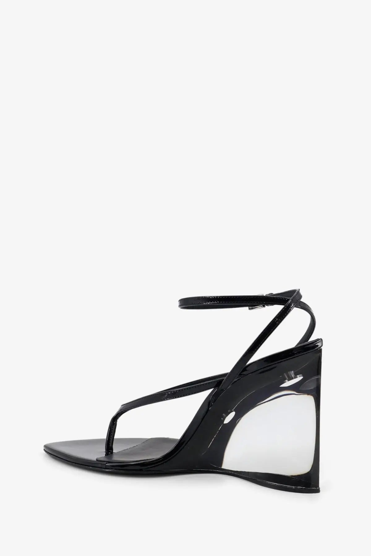 Alaïa women’s black leather wedge sandal with patent finish transparent heel and thin ankle strap